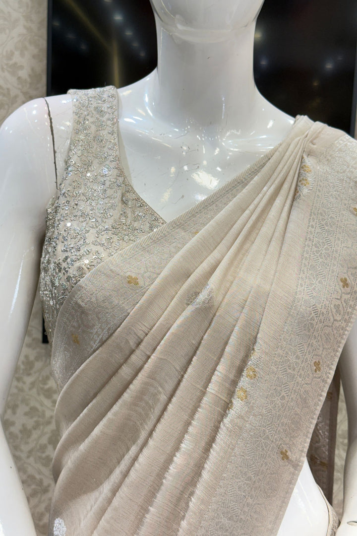 Light Beige Banaras Zari work Saree with Zari and Sequins work Readymade Blouse