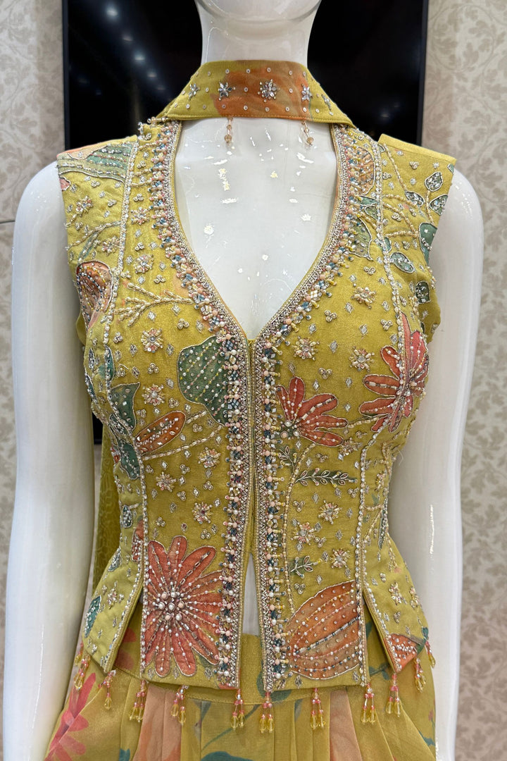 Lemon Green Indo-Western Styled Halter Neck Top and Cowl Skirt