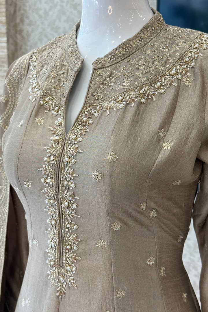 Beige Zari, Zardozi, Sequins and Stone work A-line Cut Salwar Suit