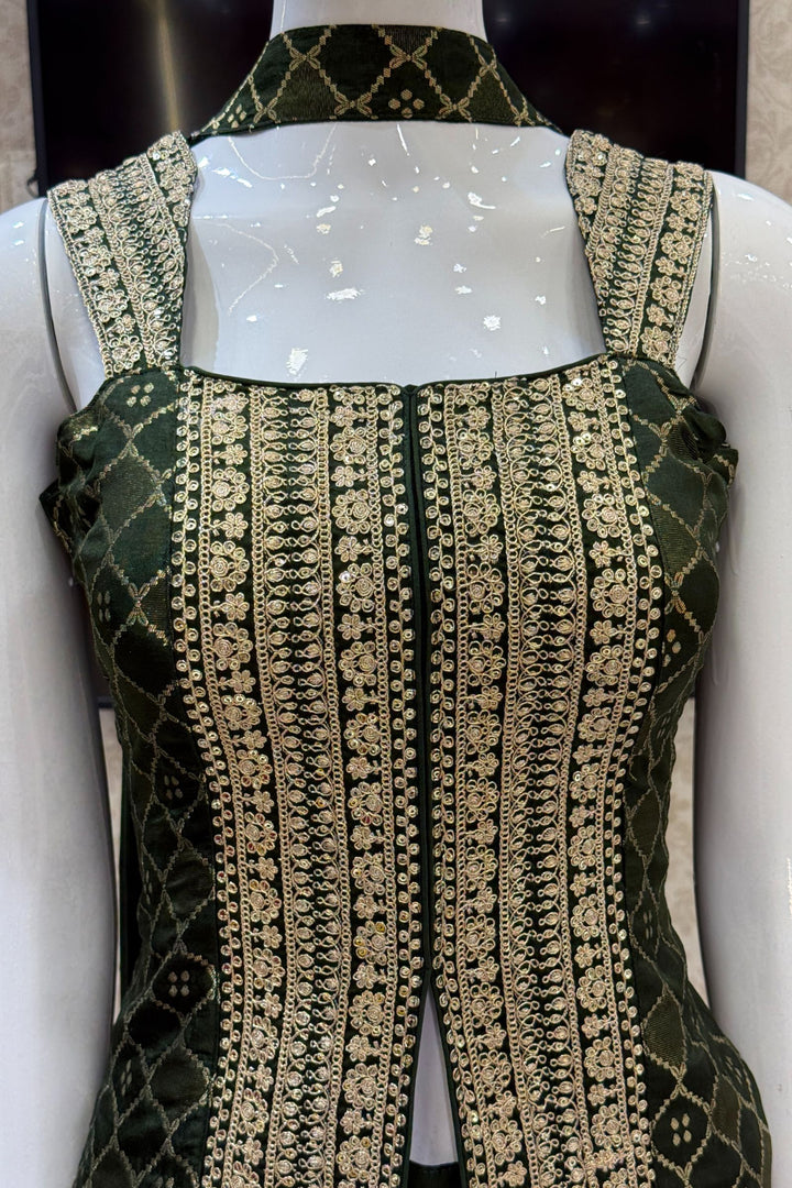 Bottle Green Banaras Zari, Sequins and Zari Thread work Palazzo Suit Set