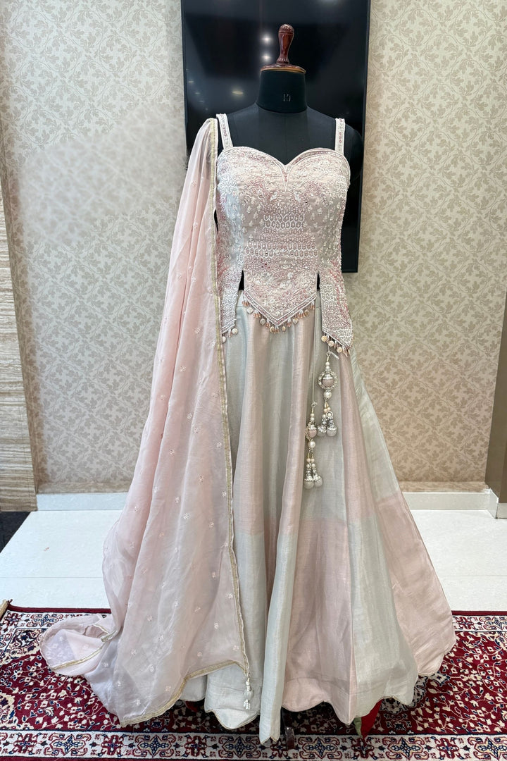 Grey with Peach Beads, Mirror, Stone, Sequins and Thread work Peplum Style Lehenga