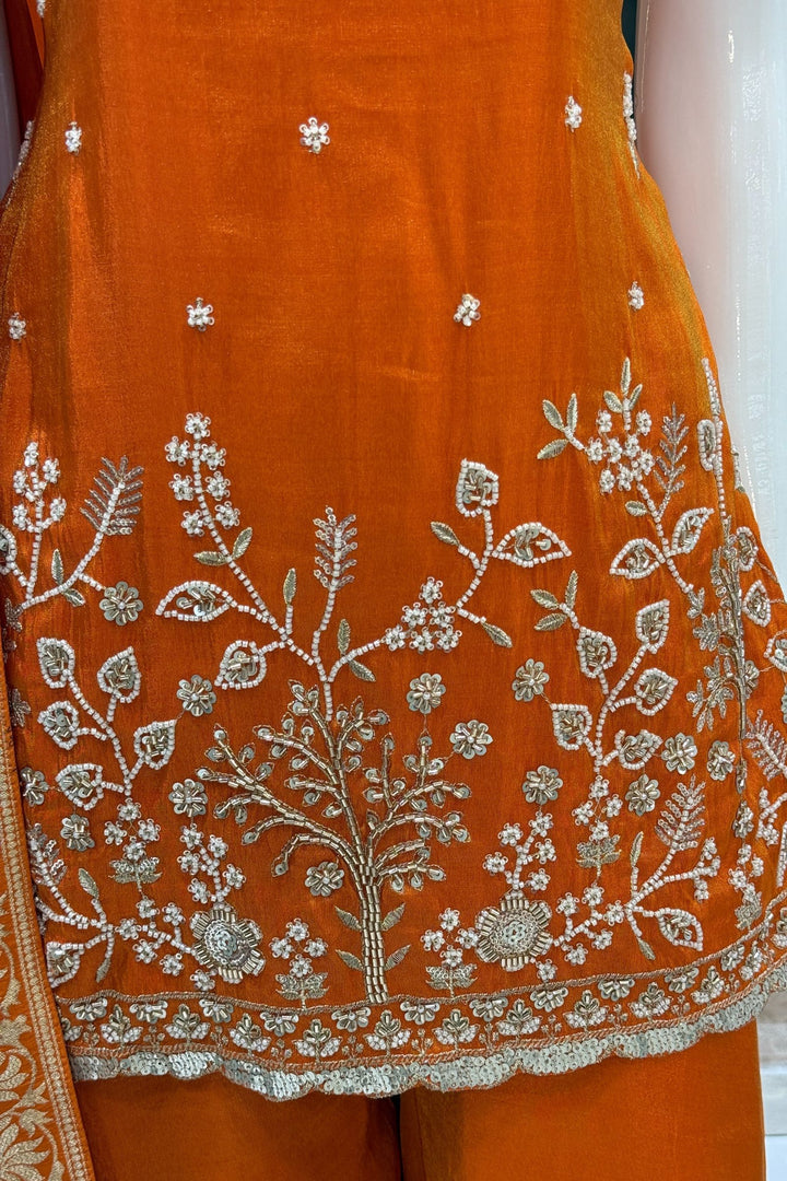 Orange Beads, Sequins and Zari work Palazzo Salwar Suit