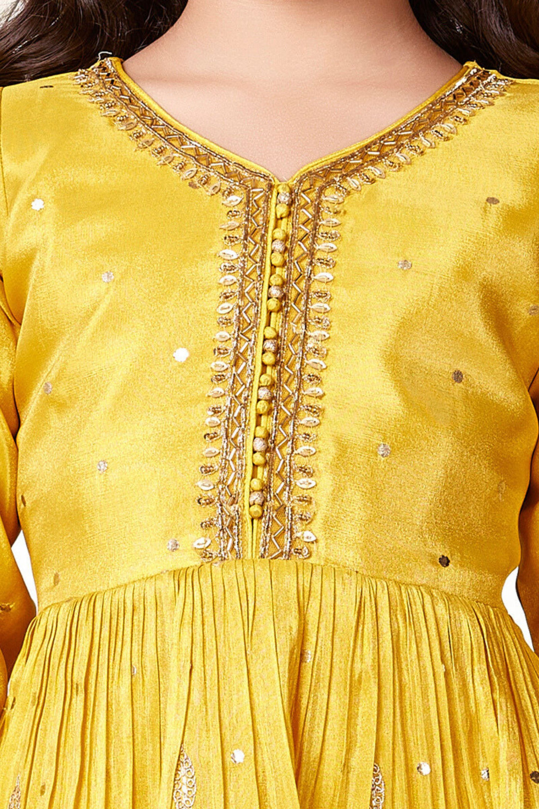 Yellow Zari, Sequins and Beads work Peplum Top and Sharara Set for Girls