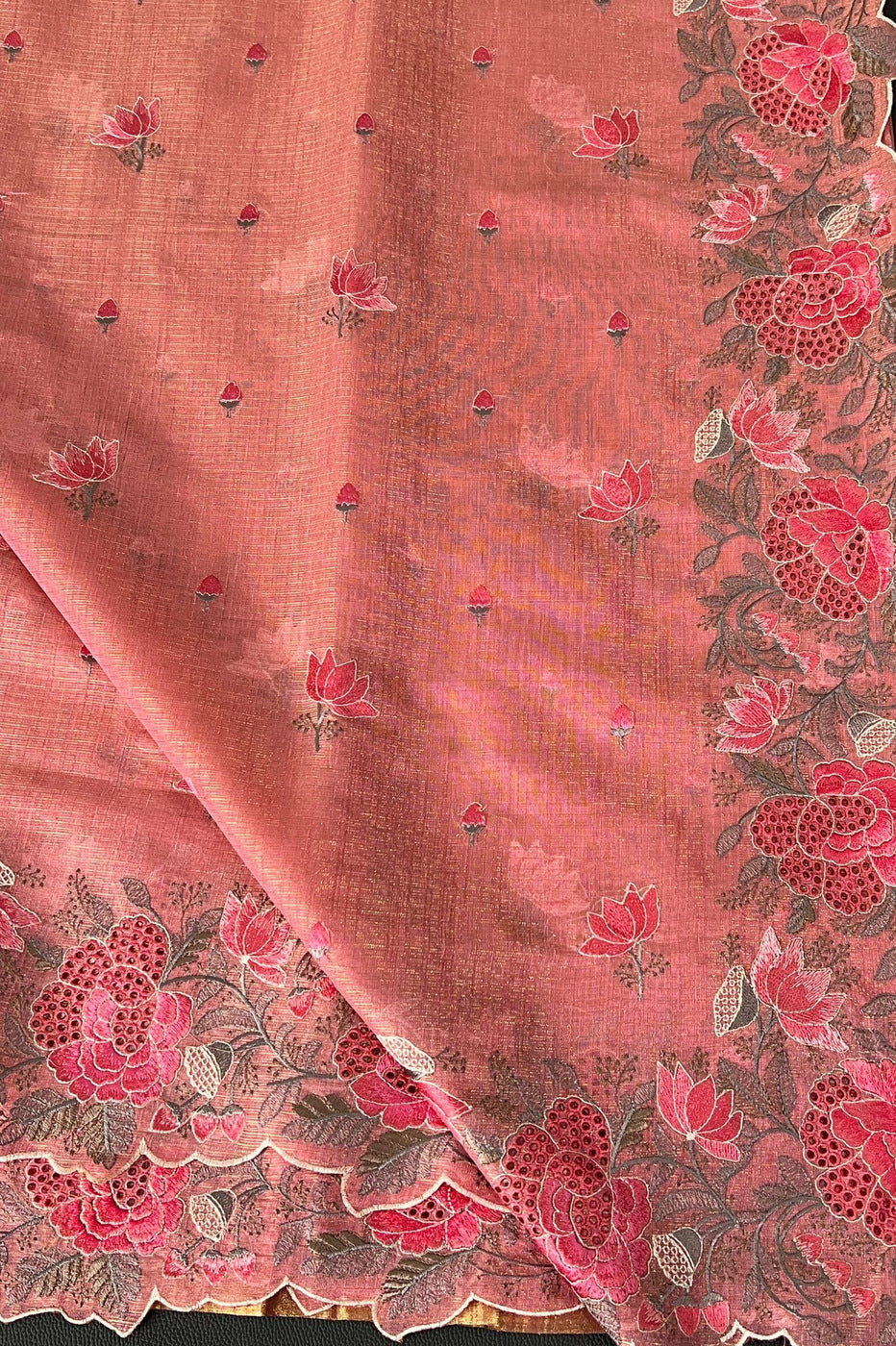 Pink Tissue Saree with Cutwork and Floral Embroidery work