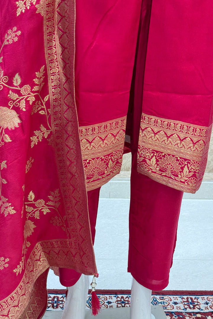 Rani Pink Straight Cut Salwar Suit with Stone, Mirror and Banaras work