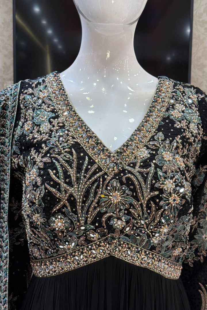 Black Embroidery, Sequins, Beads, Mirror and Stone work Floor Length Anarkali Suit