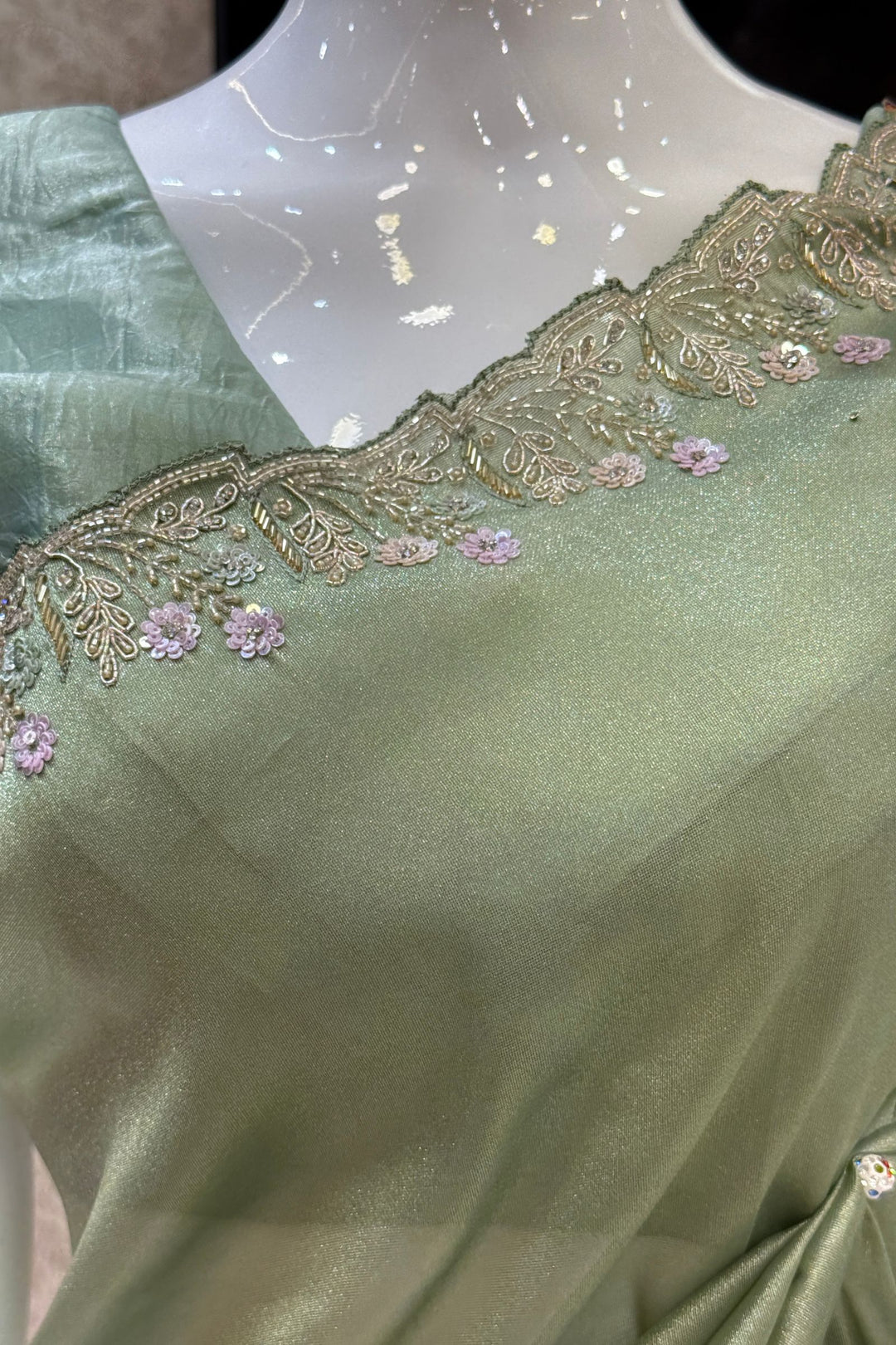 Pista Green Stone, Sequins, Zardozi and Beads work Saree