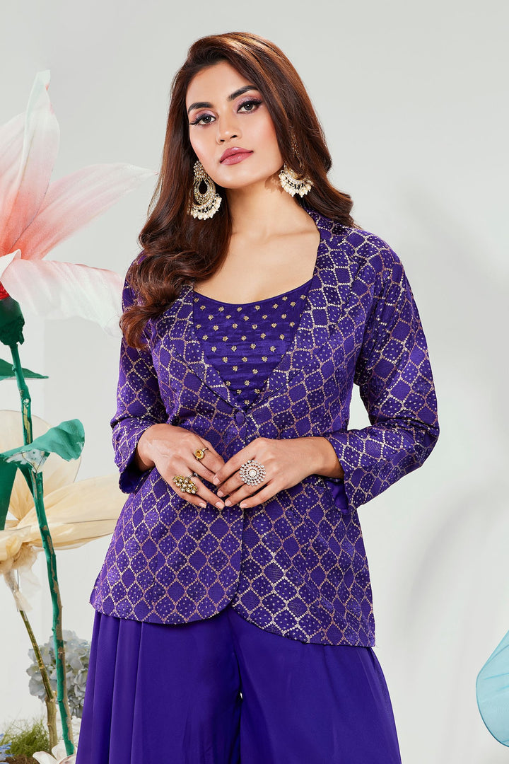 Purple Banaras and Beads work Overcoat Styled Palazzo Suit Set