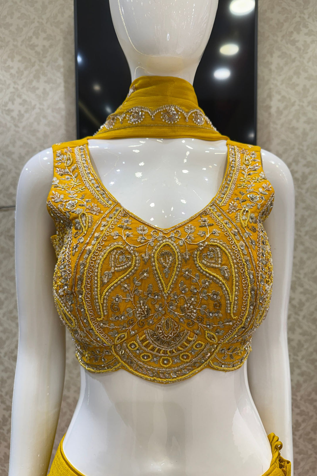 Yellow Beads, Zardozi, Stone, Zari and Sequins work Lehenga