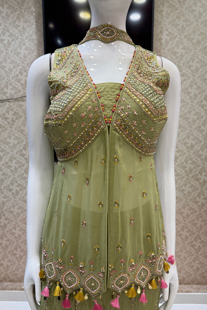 Pista Green Palazzo Salwar Suit with Beads, Sequins, Stone, Thread and Zardozi Detailing