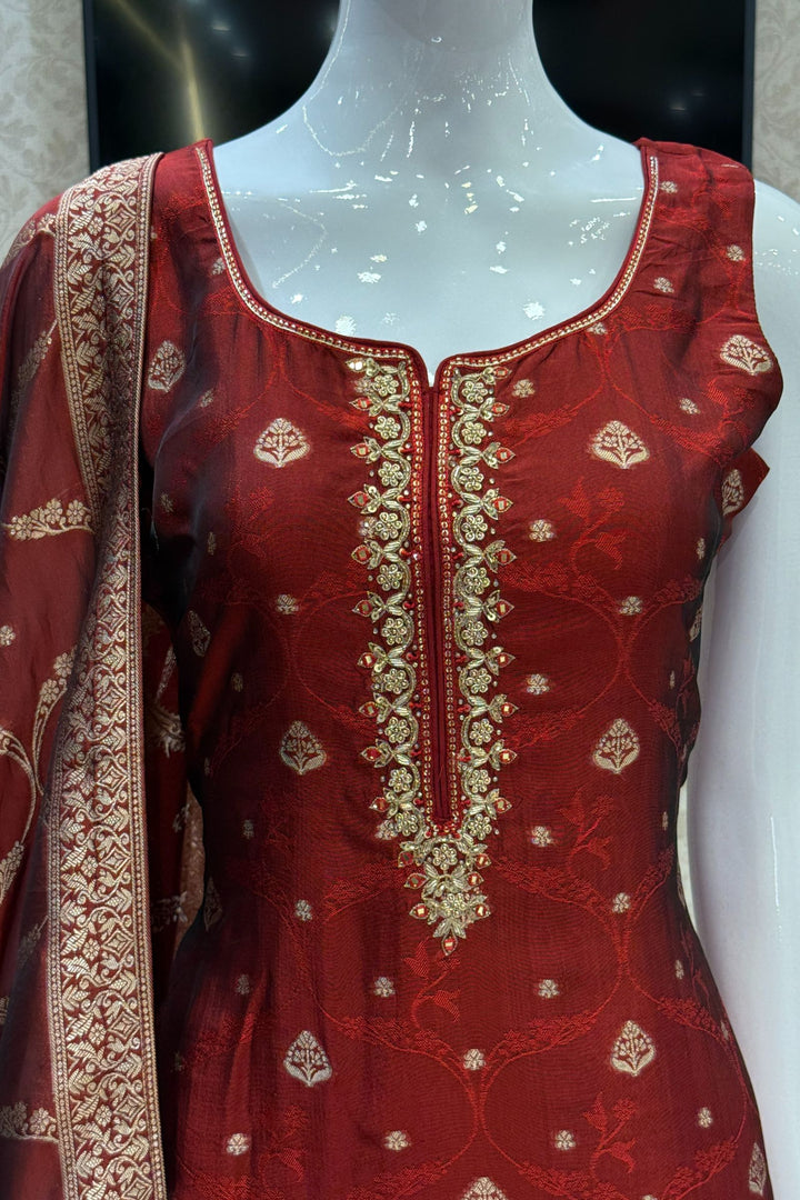 Maroon Zardozi, Sequins, Mirror, Stone, Brocade and Banaras work Straight Cut Salwar Suit