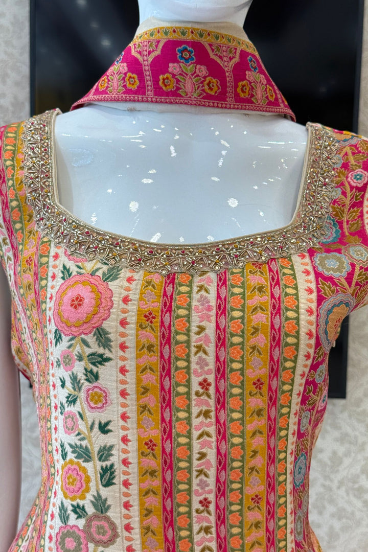 Beige Banaras, Beads and Zardozi work with Multicolor Digital Print Straight Cut Salwar Suit