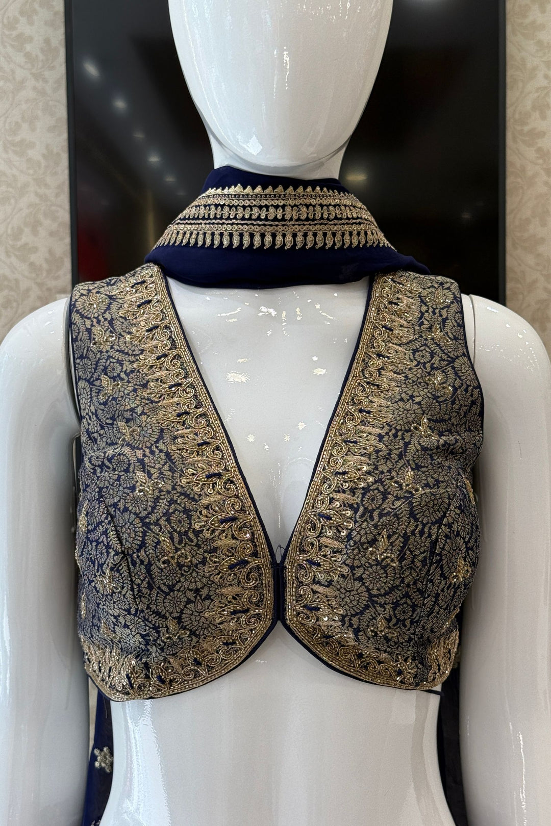 Royal Blue Brocade, Beads, Zari, Zardozi and Sequins work Crop Top Lehenga