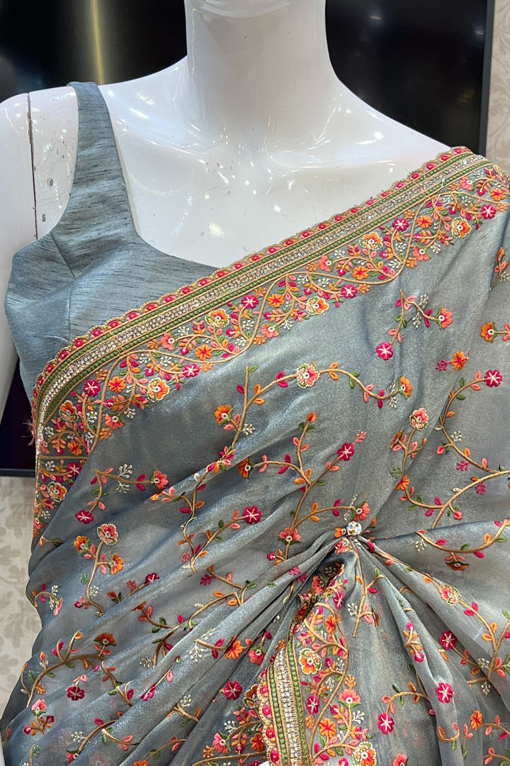 Grey Multicolor Embroidery, Sequins and Stone work Saree