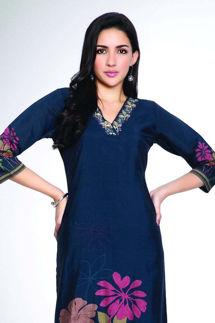 Peacock Blue Sequins and Beads work with Floral Print Calf Length Kurti