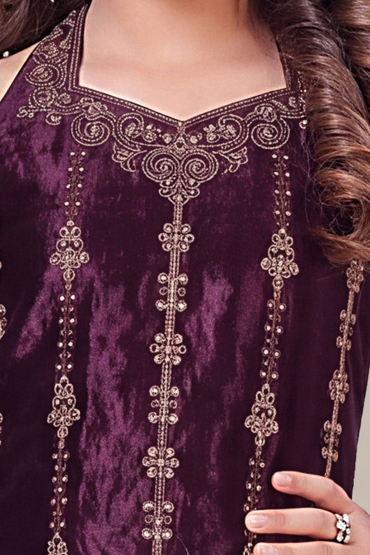 Wine Stone and Zari work Palazzo Suit Set for Girls