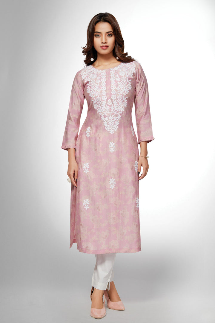 Peach Embroidery Calf Length Kurti