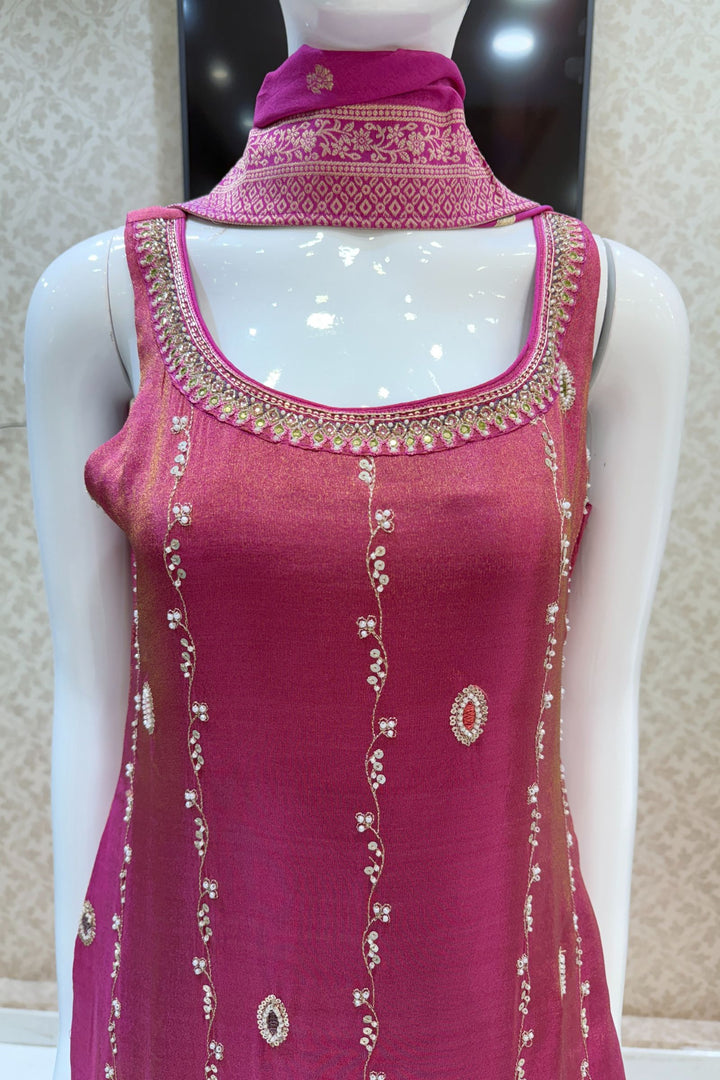Magenta Pink Beads, Zardozi, Mirror, Pearl, Zari and Sequins work Straight Cut Salwar Suit