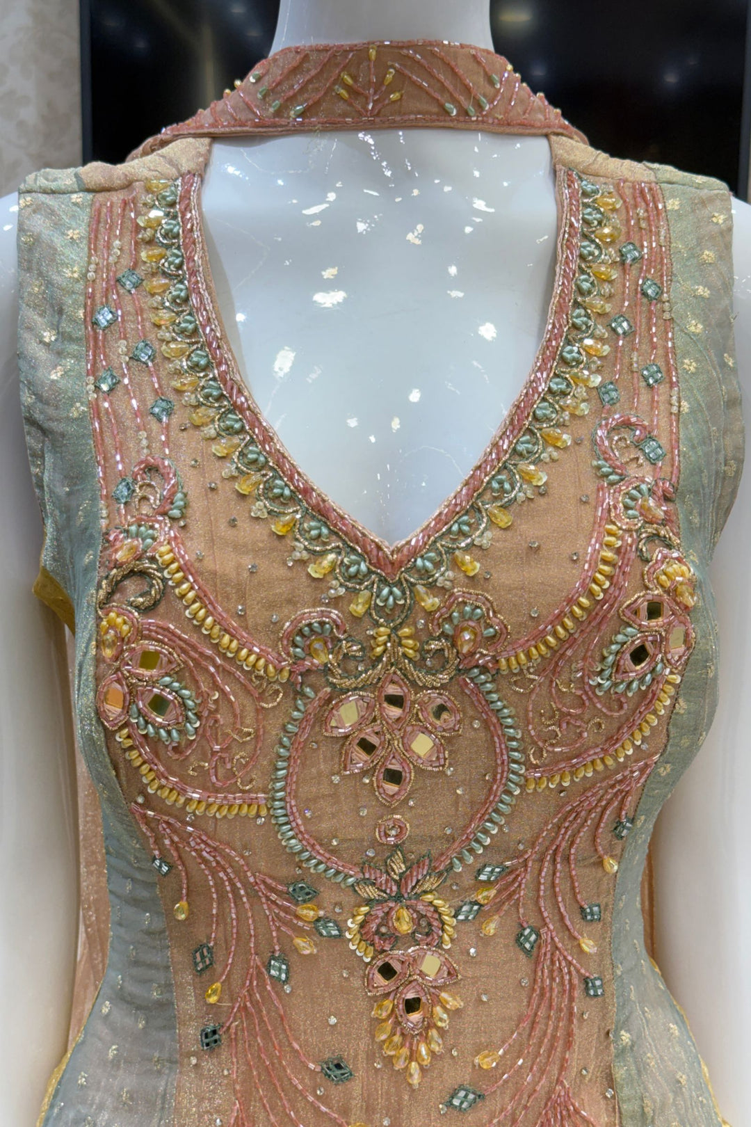 Multicolor Palazzo Set with Zari, Beads, Mirror, Stone and Zardozi work Peplum Top