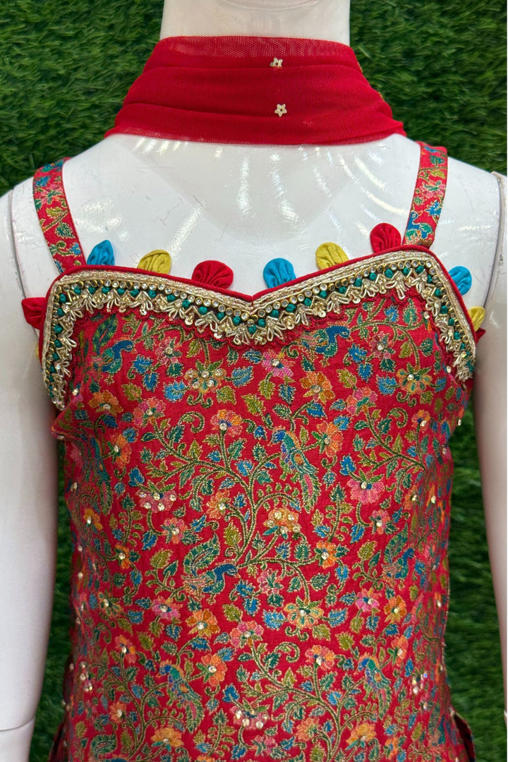 Red Zari, Stone and Zardozi work with Digital Print Palazzo Suit Set for Girls