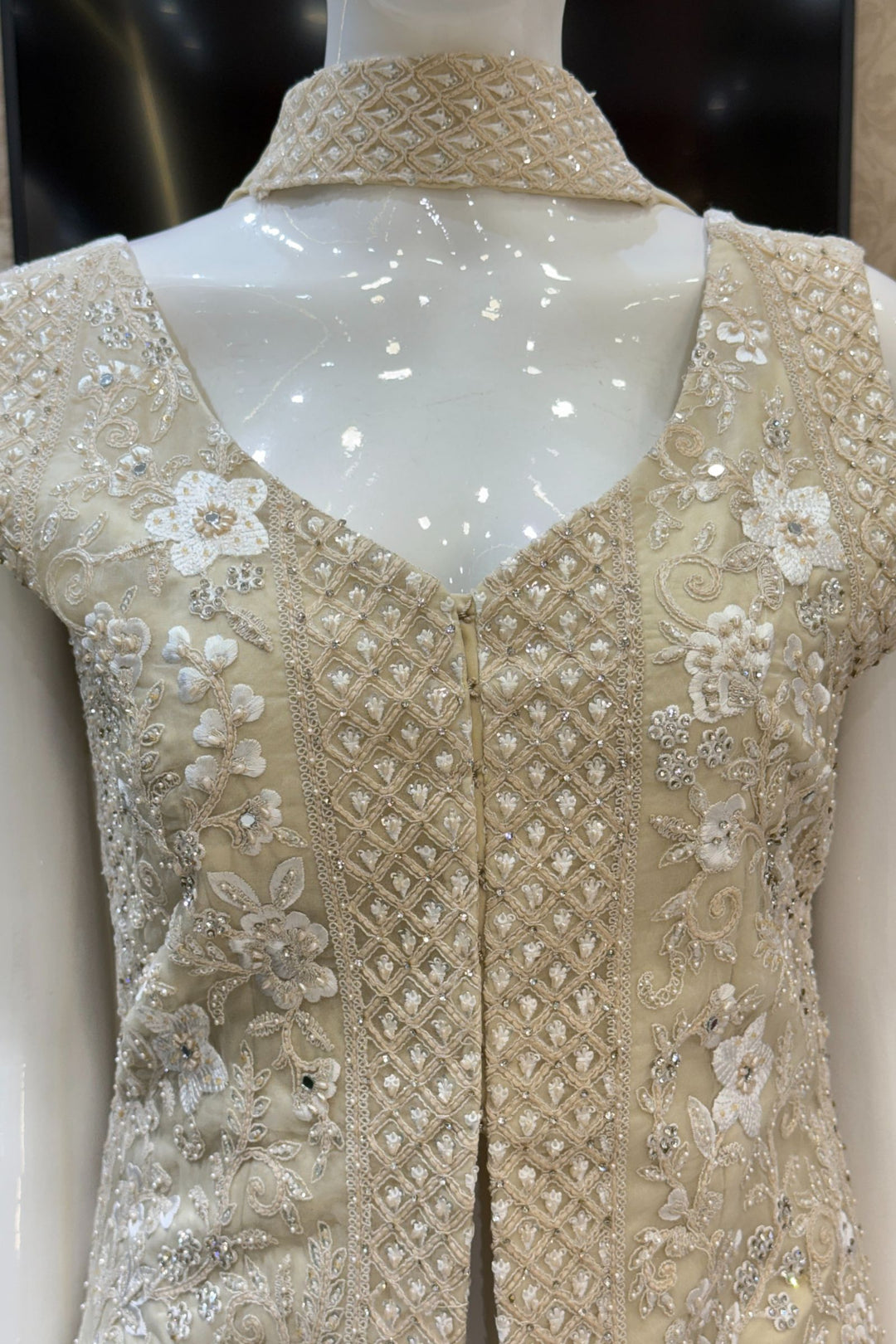 Cream Stone, Zari, Thread, Sequins and Beads work Salwar with Palazzo Pant