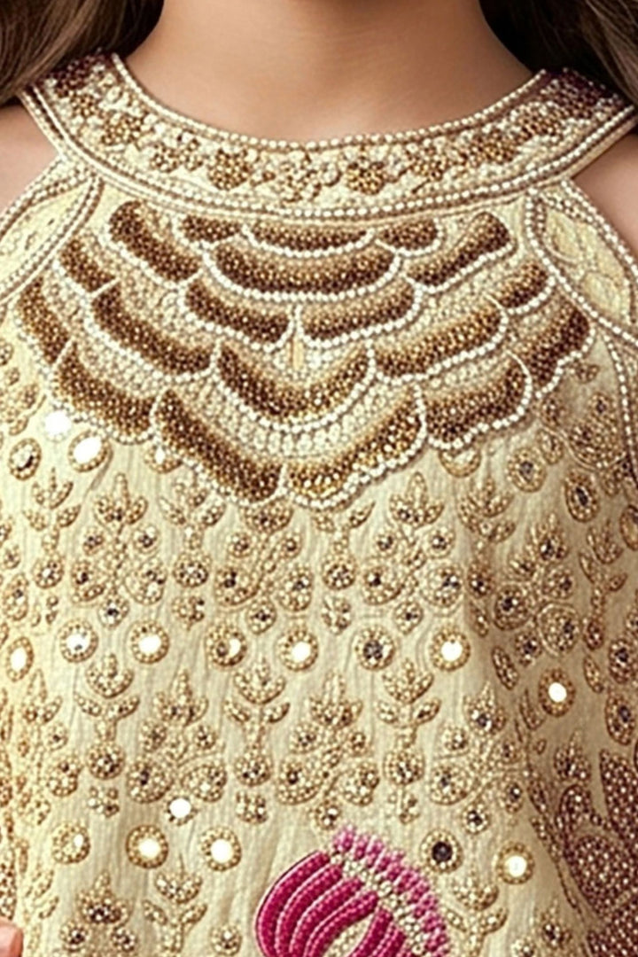 Beige Beads, Zari and Sequins work Palazzo Suit Set for Girls