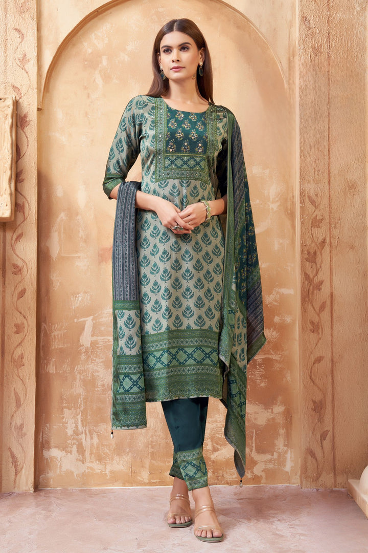 Green with Digital Print Straight Cut Salwar Suit