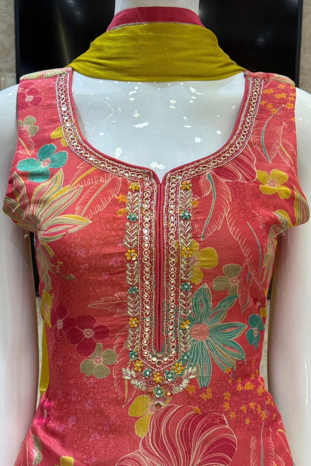 Pinkish Red Zardozi, Beads, Sequins and Stone work with Floral Print Straight Cut Salwar Suit