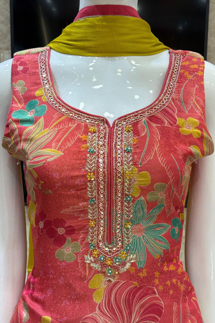 Pinkish Red Zardozi, Beads, Sequins and Stone work with Floral Print Straight Cut Salwar Suit