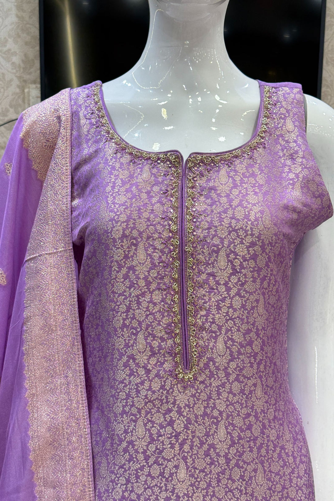 Lavender Zardozi, Stone, Thread and Brocade work Straight Cut Salwar Suit