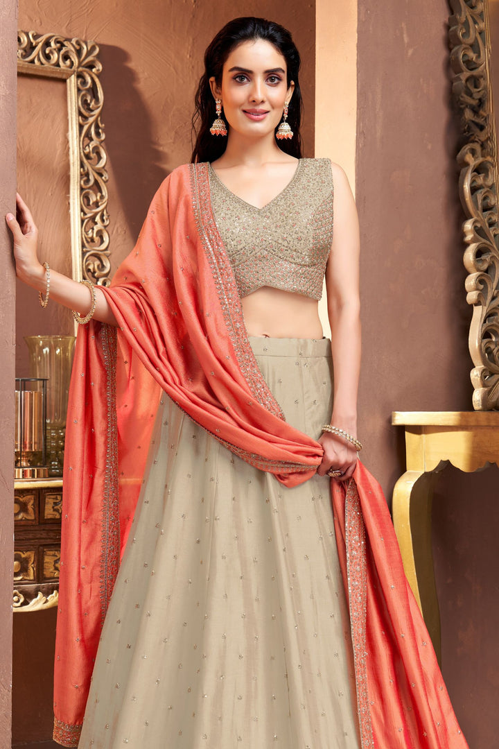 Beige Beads, Thread and Sequins work Lehenga