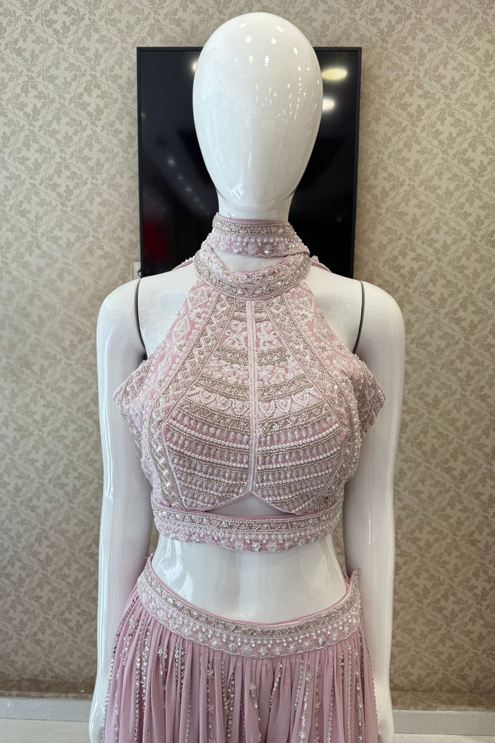 Light Pink Beads, Sequins and Thread work Halter Neck Palazzo Set