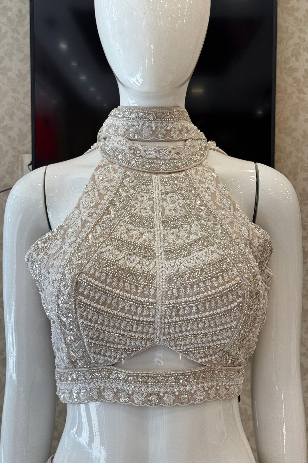 Beige Beads, Sequins and Thread work Halter Neck Palazzo Set