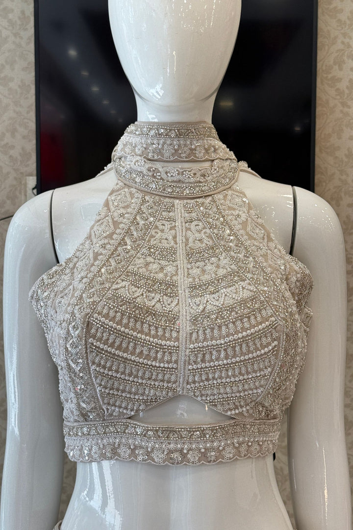 Beige Beads, Sequins and Thread work Halter Neck Palazzo Set