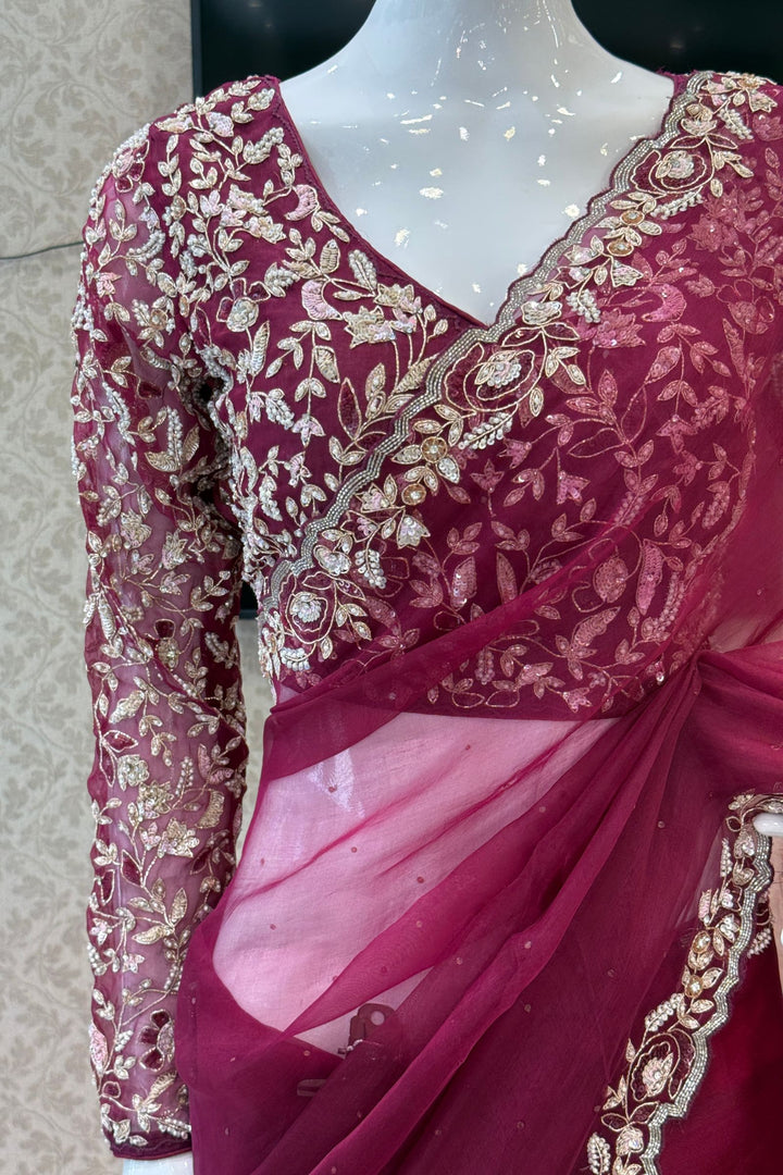Wine Sequins, Beads, Stone and Pearl work Organza Saree with Designer V-Neck Blouse