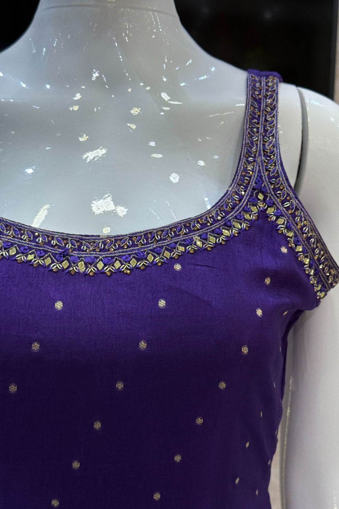 Purple Mirror, Stone, Zari and Banaras work Straight Cut Salwar Suit