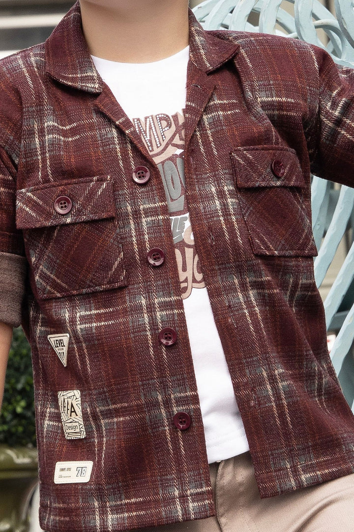 Brown with White Printed Blazer, T-Shirt and Light Grey Pant Set for Boys with Belt