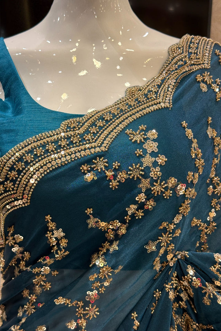 Teal Blue Beads, Zari and Sequins work Saree