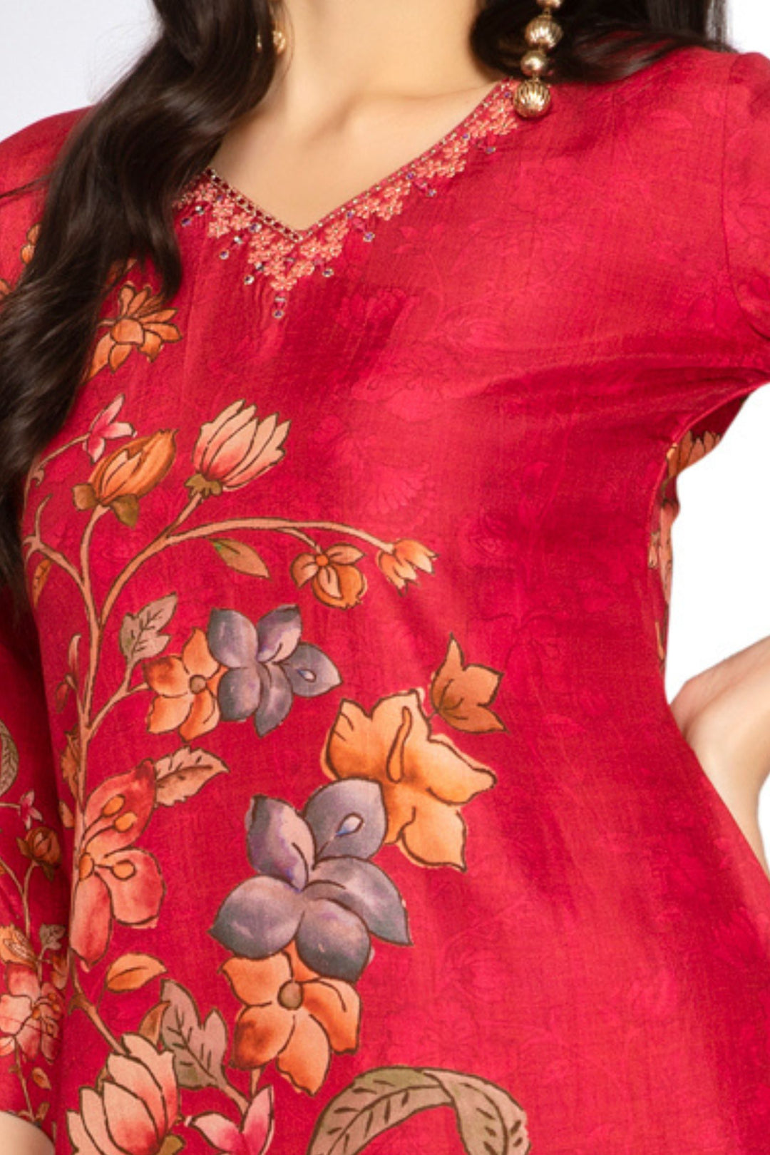 Tomato Red Mirror, Zari and Thread work with Floral Print Calf Length Kurti