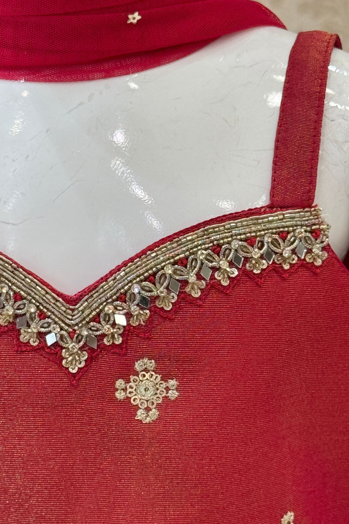 Pinkish Red Sequins, Zari, Beads and Mirror work Palazzo Suit Set for Girls