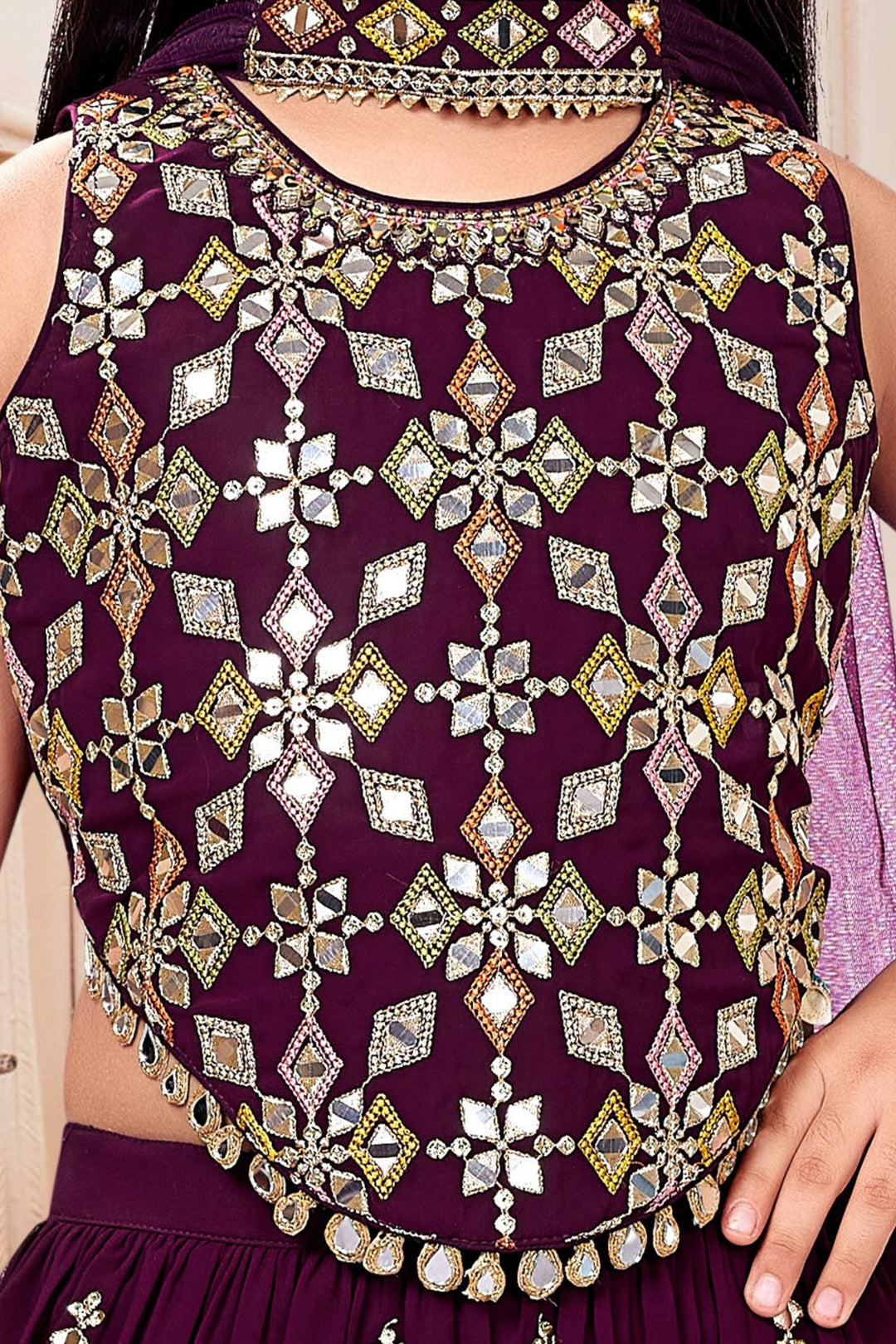 Wine Sequins, Zari, Thread, Beads and Mirror work Palazzo Suit Set for Girls