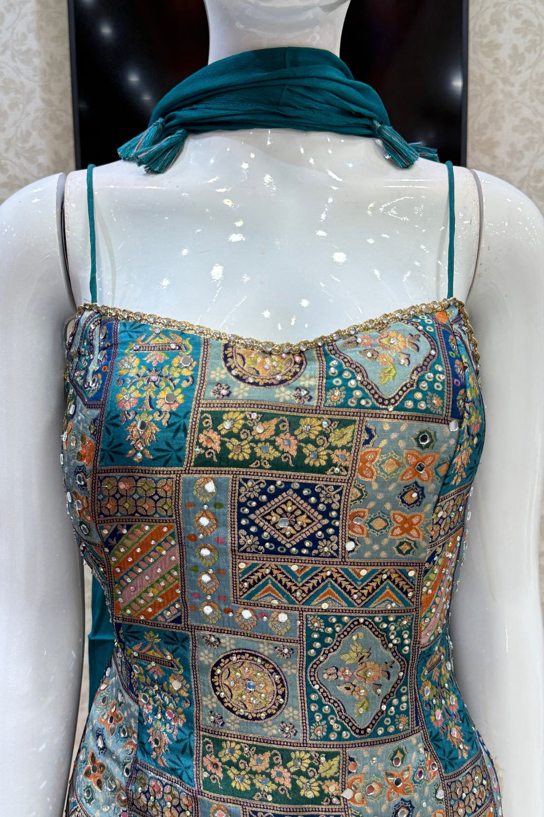 Rama Green Stone, Mirror and Banaras work with Digital Print Sharara Salwar Suit