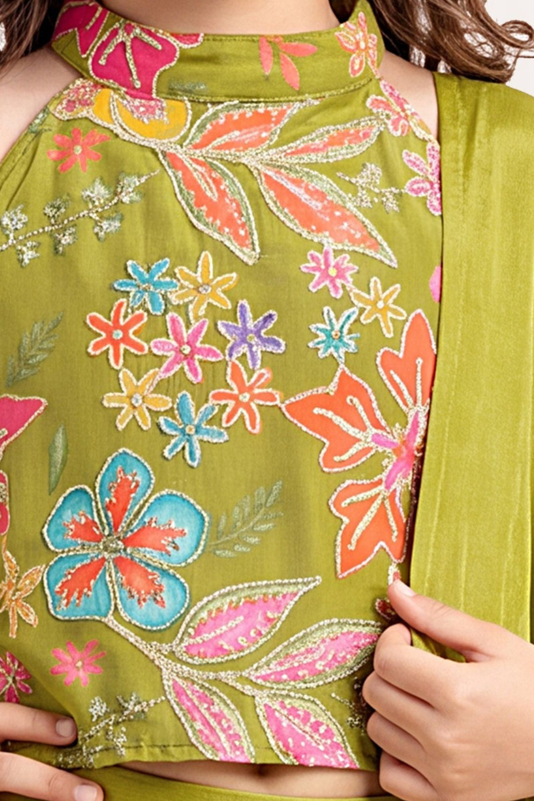 Green Girls Palazzo Set with Digital Print, Zari and Sequins work Halter Top