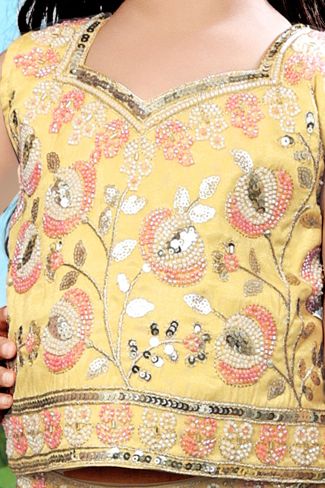 Yellow Beads, Zari and Sequins work Lehenga Choli for Girls with Bag