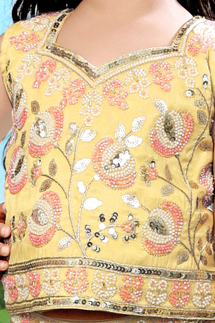 Yellow Beads, Zari and Sequins work Lehenga Choli for Girls with Bag