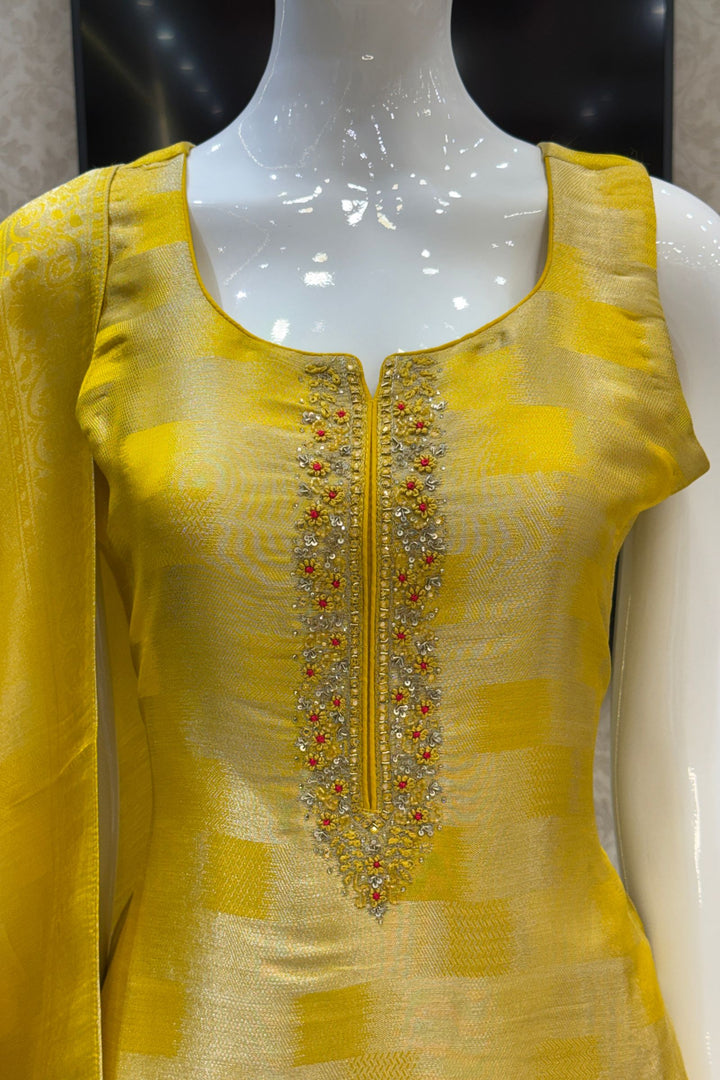 Yellow Banaras, Stone, Thread, Zardozi and Sequins work Straight Cut Salwar Suit