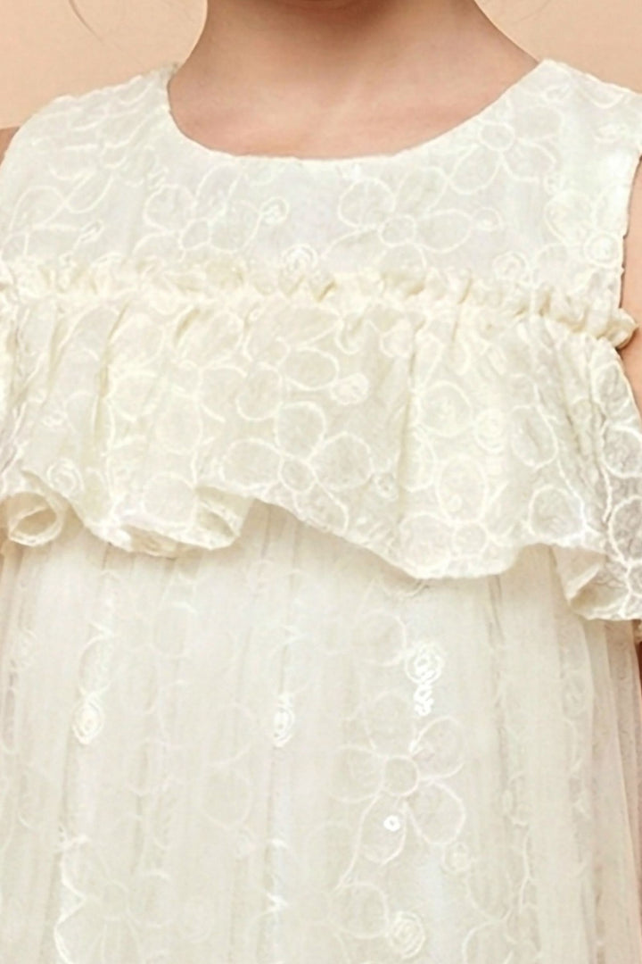 Cream Thread and Sequins work Short Partywear Frock For Girls