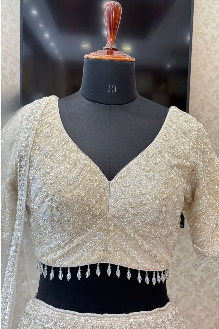 Cream Beads, Pearls and Sequins work Crop Top Designer Bridal Lehenga