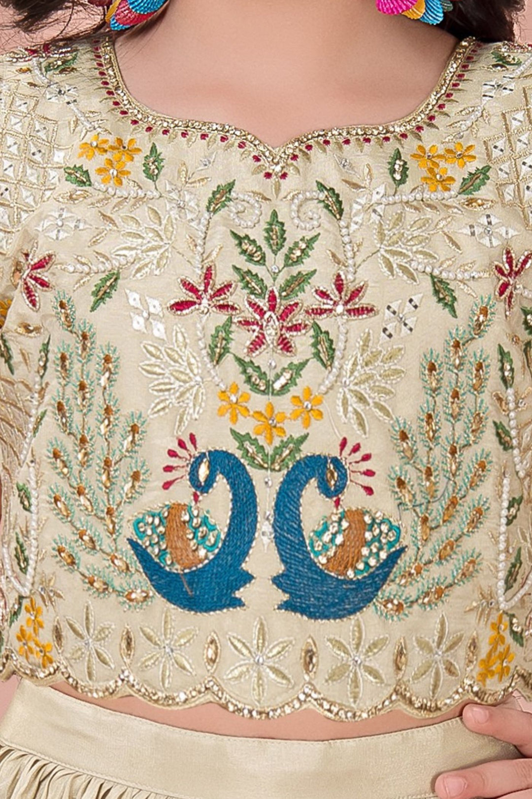 Cream Multicolor Embroidery, Sequins, Zari, Beads and Stone work Lehenga Choli for Girls