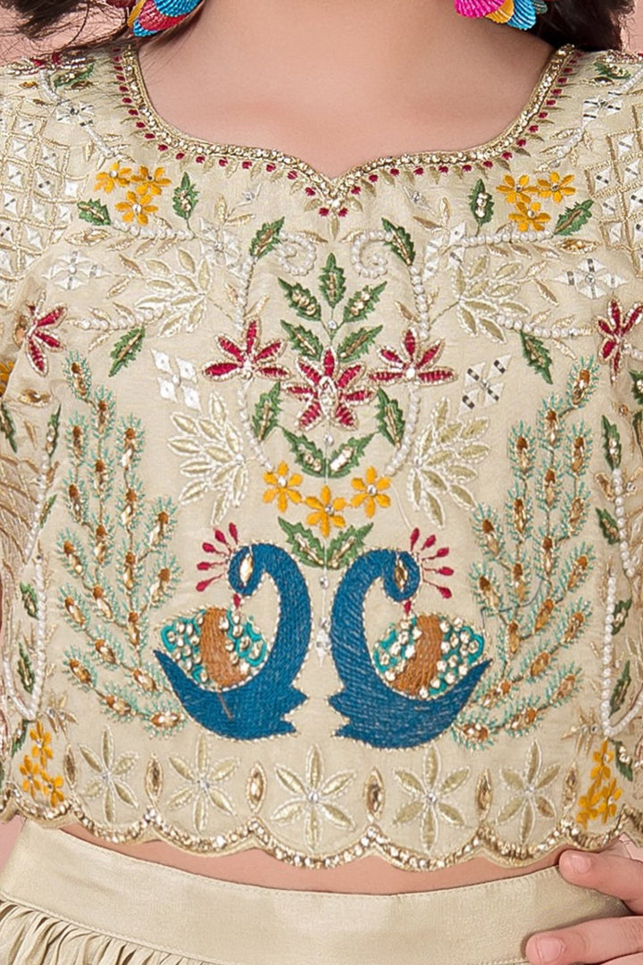 Cream Multicolor Embroidery, Sequins, Zari, Beads and Stone work Lehenga Choli for Girls